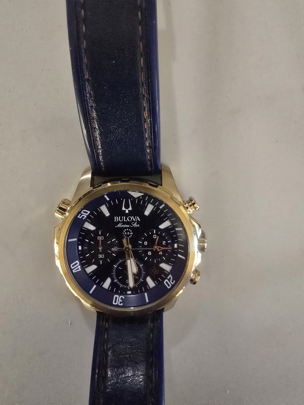 Bulova Men's Navy Blue Leather Strap Chronograph Watch - Gold Case